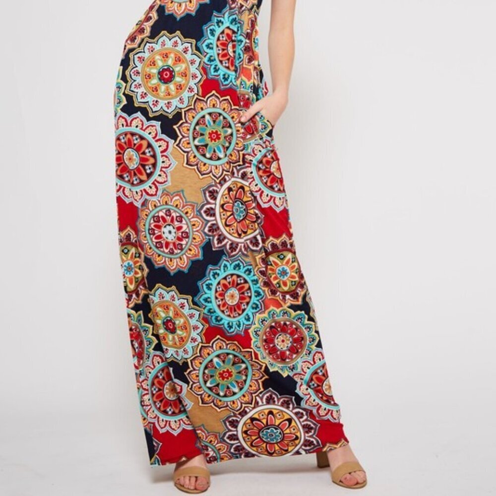 Bohemian Racer-Back Tank Multi-color Navy Red Flower Medallion Maxi Dress XL - Picture 11 of 12
